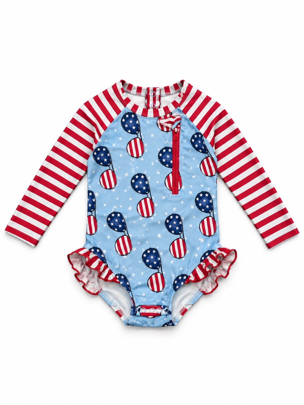 Caden Lane Girls' Red & Blue Patriotic Long-Sleeve Ruffle One-Piece Swim